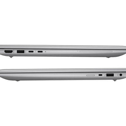 Side view of two silver HP ZBOOK FIREFLY 14 G11 A laptops, both closed, highlighting the variety of ports: HDMI, USB, Ethernet, and SD card slot on the left side; USB port and lock slot on the right. These refurbished HP laptops feature 14” FHD displays, AMD Ryzen 5 8640HS processors at 3.5GHz, 16GB DDR4 RAM, and a fast 512GB NVMe SSD for reliable professional performance. - View 3