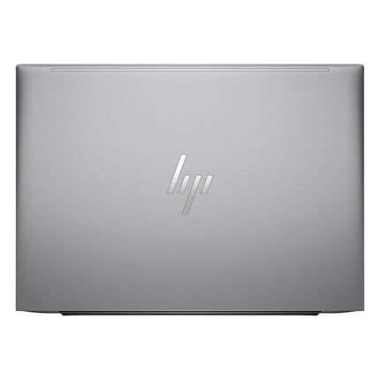 Top view of a closed, silver HP ZBOOK FIREFLY 14 G11 A laptop with the HP logo centered on the lid; this refurbished model features a 14” FHD display and an AMD Ryzen 5 8640HS processor for reliable performance. - View 2