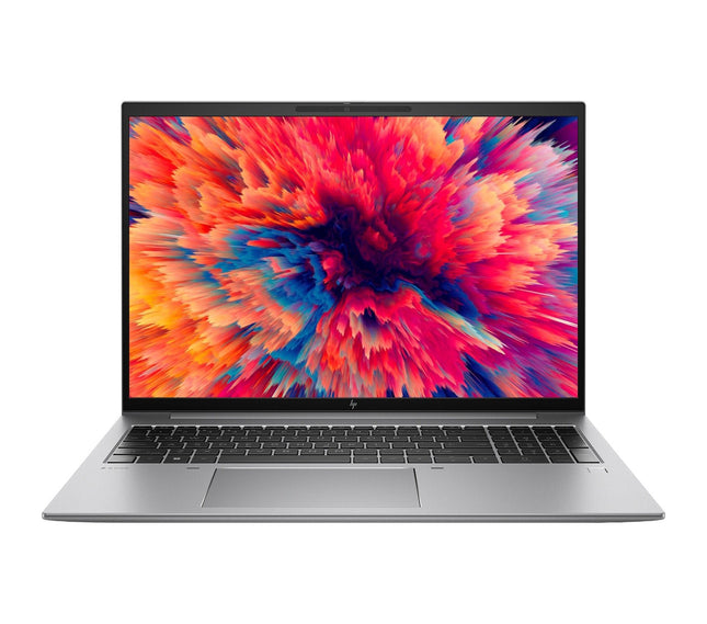 Front view of a refurbished HP ZBOOK FIREFLY 16 G9 laptop with FHD display, black keyboard, and vivid abstract colors on screen.