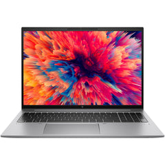 Angled view of a silver HP ZBOOK FIREFLY 16 G9 laptop with black keyboard, vivid abstract display, refurbished 16” FHD screen.