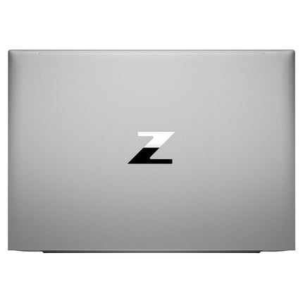 Top view of a closed silver refurbished HP ZBOOK FIREFLY 16 G9 laptop with black Z logo on lid, on white background; specs listed. - View 2