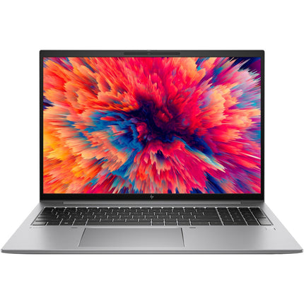 Front view of refurbished HP ZBOOK FIREFLY 16 G9 laptop with colorful abstract graphics on 16” FHD display, highlighting specs. - View 1