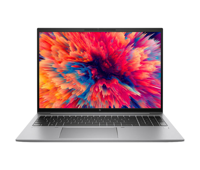 Front view of refurbished HP ZBOOK FIREFLY 16 G9 laptop with colorful abstract graphics on 16” FHD display, highlighting specs.
