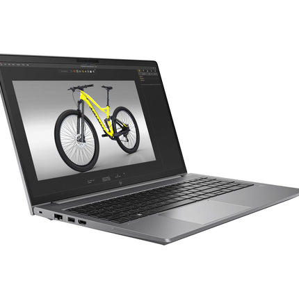 A refurbished HP ZBOOK Power G10, 15.6″, shown at an angled view, displays a 3D rendering of a yellow and black mountain bike on screen, featuring NVIDIA RTX A1000 6GB graphics. - View 4