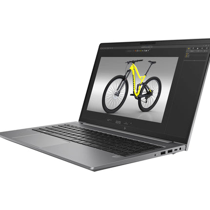 A refurbished HP ZBOOK Power G10, 15.6″, shown in a front view, displays a left-side view of a 3D yellow-framed bicycle model on its screen with NVIDIA RTX A1000 graphics. - View 5