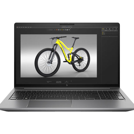 Angled view of a silver HP ZBOOK Power G10 15.6″ laptop with Intel Core i7-13800H, displaying design software featuring a 3D yellow and black mountain bike model on a gray background. - View 1