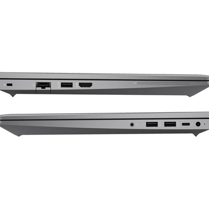 Side view of a refurbished HP ZBOOK Power G10 15.6-inch laptop with Intel Core i7-13800H and NVIDIA RTX A1000, displaying USB, HDMI, Ethernet, and USB-C ports on one side, additional USB and audio ports on the other; laptop is closed in both views. - View 3