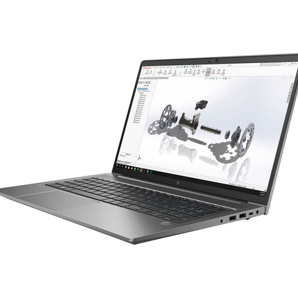 An angled view of an HP ZBOOK Power G8 laptop, 15.6″ with Intel Core i7-11850H and NVIDIA Quadro T1200 4GB, shows its keyboard, side ports, and a 3D CAD model on the screen. - View 4