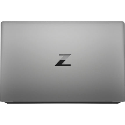Top view of a closed silver HP ZBOOK Power G8 15.6” laptop, refurbished by HP, with a prominent black Z logo centered on the lid. This professional-grade device features an Intel Core i7-11850H processor, 32GB DDR4 RAM, 1TB NVMe SSD, and NVIDIA Quadro T1200 4GB graphics for powerful performance and sleek style. - View 2