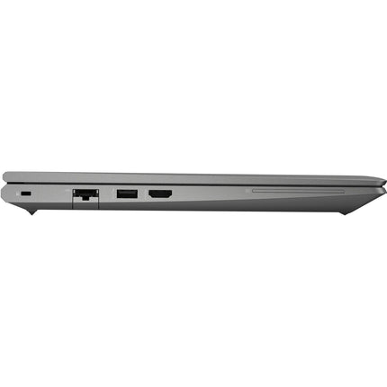 Side view of the refurbished HP ZBOOK Power G8 (15.6”), showcasing ports along the left edge such as Ethernet, USB, HDMI, and a card slot. This sleek silver laptop features an Intel Core i7-11850H processor, 32GB DDR4 RAM, 1TB NVMe SSD storage, and an NVIDIA Quadro T1200 4GB graphics card for powerful performance and versatile connectivity. - View 3
