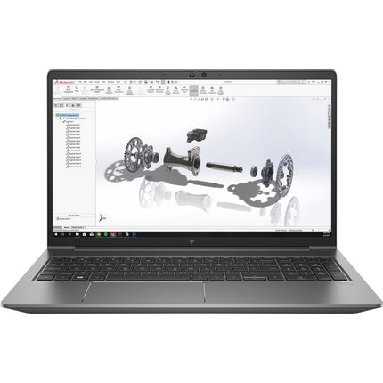 Front view of a refurbished HP ZBOOK Power G8 laptop by HP, featuring a 15.6” display, Intel Core i7-11850H processor, 32GB DDR4 RAM, 1TB NVMe SSD, and NVIDIA Quadro T1200 4GB graphics card on a white background, with the screen displaying a 3D CAD modeling software showing an exploded view of mechanical gears and parts. - View 1
