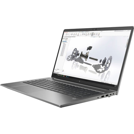Side view of a refurbished HP ZBOOK Power G8 laptop (15.6”, Intel Core i7-11850H, 32GB DDR4, 1TB NVMe SSD, NVIDIA Quadro T1200 4GB) by HP, with ports visible on the right edge and a technical CAD drawing of mechanical parts displayed on the screen. - View 4