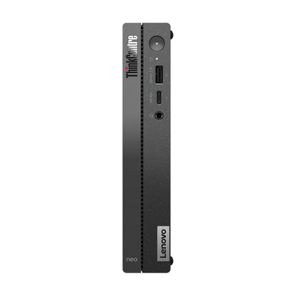 Top-down view of the Lenovo NEO 50Q GEN 4 Tiny desktop computer showcases its ports, power button, and distinct branding on a slim, speckled dark case. This refurbished commercial product features an Intel Core i5-13420H 2.1GHz processor, 16GB DDR4 RAM, a 512GB NVMe SSD, WiFi, and Bluetooth for reliable performance in an ultra-compact form factor. - View 1