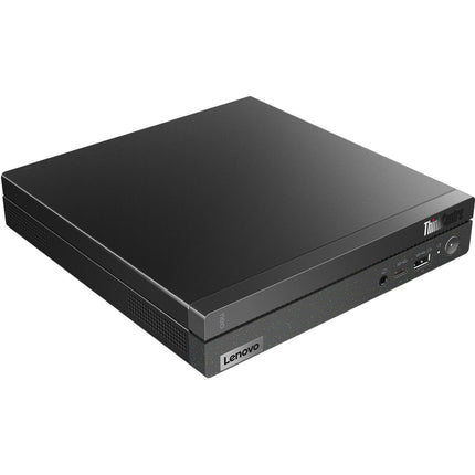 Angled view of the Lenovo NEO 50Q GEN 4 Tiny desktop in black, highlighting front-facing USB and audio ports, side ventilation grilles, and a compact design. This refurbished model features an Intel Core i5-13420H processor, 16GB DDR4 RAM, 256GB NVMe SSD, and built-in WiFi and Bluetooth for easy connectivity—ideal for efficient workspace solutions. - View 5