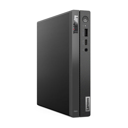 Front view of a black Lenovo NEO 50Q GEN 4 Tiny desktop computer standing upright, showcasing its sleek and compact design. The front panel displays USB ports, a headphone jack, power button, and Lenovo branding. This refurbished device features an Intel Core i5-13420H processor, 32GB DDR4 RAM, 512GB NVMe SSD, internal WiFi, and Bluetooth for reliable performance and connectivity. - View 4