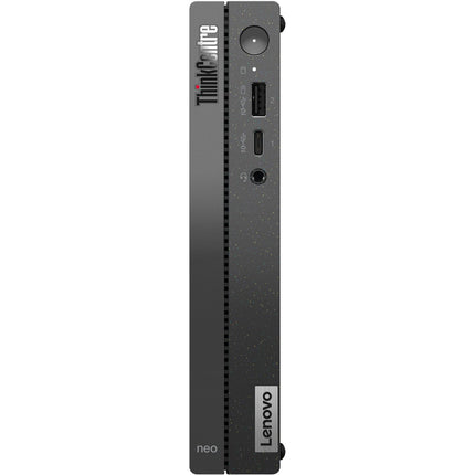 Front view of a refurbished Lenovo NEO 50Q GEN 4 Tiny Desktop, highlighting its accessible USB ports, headphone jack, power button, and Lenovo branding on a black speckled chassis. This compact desktop features an Intel Core i5-13420H 2.1GHz processor, 16GB DDR4 RAM, 256GB NVMe SSD, plus built-in WIFI and Bluetooth connectivity. - View 1