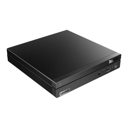 Front view of a black Lenovo NEO 50Q GEN 4 Tiny desktop computer, showing its compact rectangular shape with front USB ports and a visible power button. The Lenovo and ThinkCentre logos are displayed on the front and top surfaces. This refurbished desktop includes an Intel Core i5-13420H 2.1GHz processor, 32GB DDR4 memory, a 512GB NVMe SSD, internal WiFi, and Bluetooth in a space-saving design. - View 3