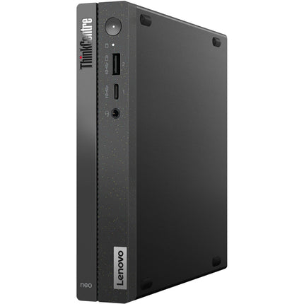 Front view of a refurbished Lenovo NEO 50Q GEN 4 Tiny Desktop standing vertically, showcasing easy-access front ports including USB, a headphone jack, and a power button. The compact black case with a speckled finish displays Lenovo branding on the front panel. Features include an Intel Core i5-13420H processor, 16GB DDR4 memory, 256GB NVMe SSD, plus internal WiFi and Bluetooth for enhanced connectivity in a space-saving design. - View 4