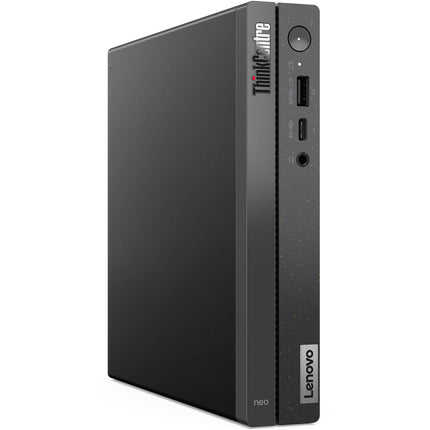 Front view of a refurbished Lenovo NEO 50Q GEN 4 Tiny Desktop PC standing vertically, highlighting its front ports including USB, audio jack, and power button. Features include an Intel Core i5-13420H 2.1GHz processor, 16GB DDR4 RAM, 256GB NVMe SSD, internal WiFi and Bluetooth. Lenovo and NEO logos are visible on the case. - View 3