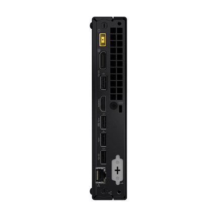 Rear view of the Lenovo NEO 50Q GEN 4 Tiny refurbished desktop positioned vertically, showing an Intel Core i5-13420H 2.1GHz processor and multiple ports including power, HDMI, USB, Ethernet, and other connections, with ventilation slots at the top. - View 2