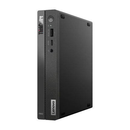 Front view of a refurbished Lenovo NEO 50Q GEN 4 Tiny Desktop shown upright, featuring a sleek black case with subtle speckled accents. The front panel displays USB ports, an audio jack, power button, and the ThinkCentre and Lenovo logos. Powered by an Intel Core i5-13420H processor with 32GB DDR4 RAM, 512GB NVMe SSD, plus built-in WIFI and Bluetooth for efficient performance in a compact design. - View 5