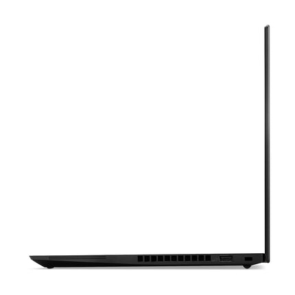 Side view of a thin black refurbished Lenovo T14S G1 laptop, 14″, with lid open, featuring an Intel Core i5-10310U 1.7GHz processor, 16GB DDR4 RAM, and 256GB NVMe SSD. - View 4