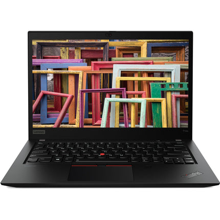 Front view of a refurbished black Lenovo T14S G1 14-inch laptop with an Intel Core i5-10310U 1.7GHz processor, 16GB DDR4 RAM, and 256GB NVMe SSD, displaying a screen filled with stacked, colorful empty picture frames. - View 1