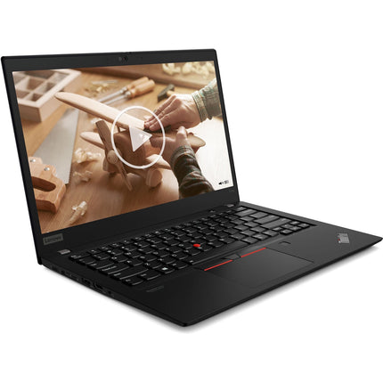 Angled view of a black Lenovo T14S G1 laptop displaying a video of hands assembling a wooden toy. - View 5