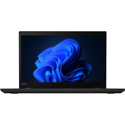 Front view of refurbished black Lenovo T15 G1 laptop, 15.6" FHD display, Windows 11 wallpaper, i5, 16GB RAM, 512GB SSD. - View 5