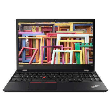 Front view of a refurbished black Lenovo T15 G1 laptop with a 15.6” FHD display, displaying colorful, overlapping picture frames on screen. The keyboard and touchpad are visible, highlighting its Intel Core i5-10210U processor, 16GB DDR4 RAM, 512GB NVMe SSD, and Windows 11 Pro features. - View 1