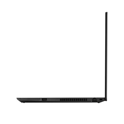 Side view of a black Lenovo T15 G1 refurbished laptop, open at a 90-degree angle to showcase its slim profile, multiple connectivity ports, and ventilation grilles. This Windows 11 Pro device features a 15.6″ FHD display, Intel Core i5-10210U processor, 16GB DDR4 RAM, and 512GB NVMe SSD. The screen and keyboard are not visible from this angle. - View 4
