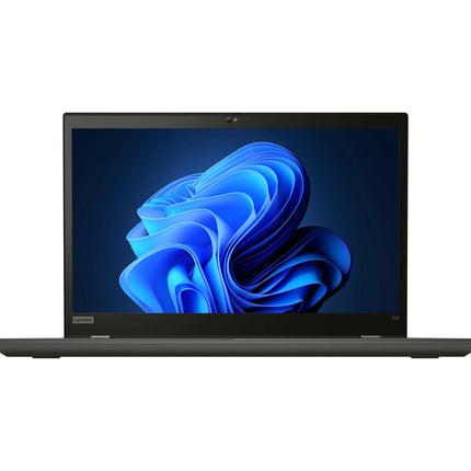 Front view of a refurbished black Lenovo T15 G1 laptop displaying a vibrant blue abstract Windows 11 Pro wallpaper on its 15.6” FHD screen. Features include Intel Core i5-10210U 1.6GHz processor, 16GB DDR4 RAM, and 512GB NVMe SSD, all set against a clean white background. - View 5