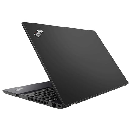 A black Lenovo T15 G1 refurbished laptop is shown from a rear angled view, partially open on a white background with the ThinkPad logo visible on the top left corner of the lid. This 15.6” FHD laptop offers an Intel Core i5-10210U processor, 16GB DDR4 RAM, 512GB NVMe SSD, and runs Windows 11 Pro for productivity and security. - View 2