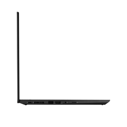 Side view of a thin black refurbished Lenovo T15 G1 laptop, open at a right angle to showcase its slim profile and multiple ports along the edge against a white background. Featuring a 15.6” FHD display, Intel Core i5-10210U processor, 16GB DDR4 RAM, and 512GB NVMe SSD for robust performance with an elegant design. - View 3