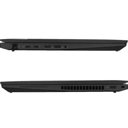 Side view of closed Lenovo T16 G1 laptop showing ports, vents, and power connector. Specs: 16" FHD, i5-1235U, 16GB RAM, 512GB SSD. - View 3