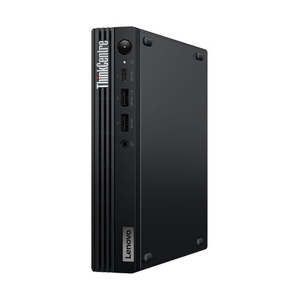 Front view of a refurbished black Lenovo ThinkCentre M70q G5 Tiny desktop, showing ports, logo, and key specs: i5-14400T, 16GB RAM. - View 3