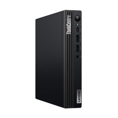 Front view of a refurbished black Lenovo ThinkCentre M70q G5 Tiny mini desktop with ports, Intel i5-14400T, 16GB RAM, 512GB SSD.