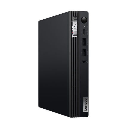 Front view of a refurbished black Lenovo ThinkCentre M70q G5 Tiny mini desktop with ports, Intel i5-14400T, 16GB RAM, 512GB SSD. - View 1