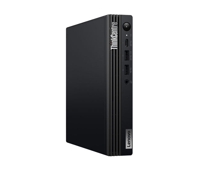 Front view of a refurbished black Lenovo ThinkCentre M70q G5 Tiny mini desktop with ports, Intel i5-14400T, 16GB RAM, 512GB SSD.