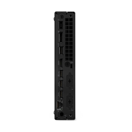 Rear view of refurbished Lenovo ThinkCentre M70q G5 Tiny desktop, ports vertically aligned, on a white background. - View 2