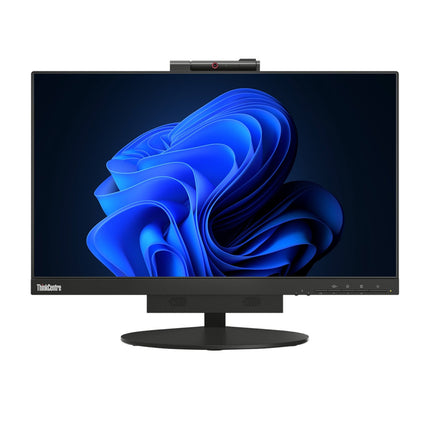 Front view of a Lenovo ThinkCentre M70q Tiny paired with a Lenovo TIO 22″ G3 Monitor, displaying a vibrant blue abstract Windows 11 wallpaper. The monitor features a top-mounted webcam and control buttons on the lower right bezel. This open box setup includes an Intel Core i7-10700T processor, 16GB DDR4 RAM, and a 512GB NVMe SSD, offering stylish and high-performance computing for modern workspaces. - View 5