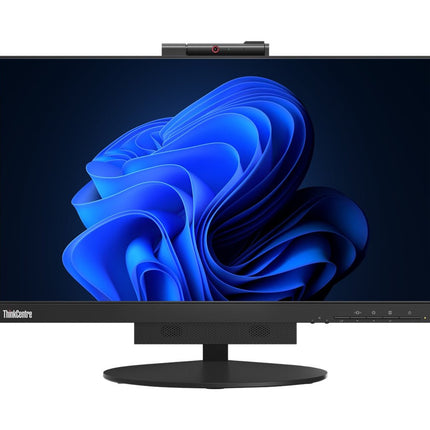 Front view of a refurbished Lenovo ThinkCentre M80q Tiny with TIO 22" G3 monitor, Windows 11, webcam, and corner control buttons. - View 5