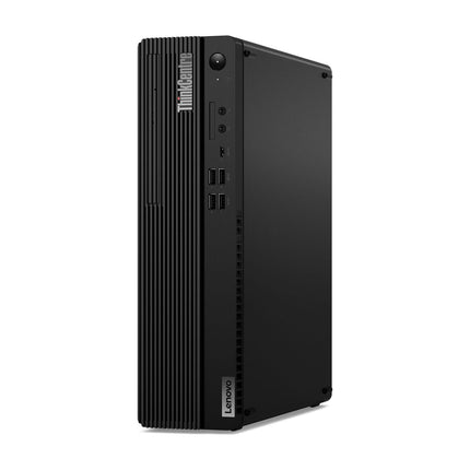 Front view of a refurbished Lenovo ThinkCentre M70S Gen 3 SFF desktop computer in black, showing its slim small form factor design with visible USB ports, audio jacks, and power button on the front panel. Features include an Intel Core i5-12500 3.0GHz processor, 16GB DDR4 memory, and a 256GB NVMe SSD. - View 5