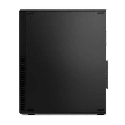 Side view of a black Lenovo ThinkCentre M70S GEN 3 SFF, showcasing its minimalist solid panel with subtle vents and no visible logos for an understated look. This refurbished desktop includes an Intel Core i5-12500 3.0GHz processor, 16GB DDR4 RAM, and a 256GB NVMe SSD for reliable everyday performance. - View 3