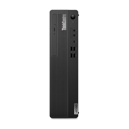 Front view of a vertical black Lenovo ThinkCentre M70S GEN 3 SFF desktop tower, highlighting multiple USB ports, power button, headphone jack, and ThinkCentre branding on the upper left. This refurbished Lenovo desktop features an Intel Core i5-12500 3.0GHz processor, 32GB DDR4 RAM, and a 1TB NVMe SSD for reliable performance in a compact design. - View 1