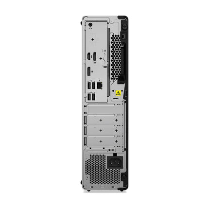 Rear view of the refurbished Lenovo ThinkCentre M70S GEN 3 SFF, showcasing an Intel Core i5-12500 3.0GHz processor, 32GB DDR4 RAM, a 1TB NVMe SSD, multiple ports, expansion slots, ventilation grilles, power supply socket, and a yellow warning label near the middle-right. - View 2