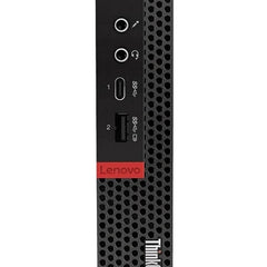 Front view of refurbished Lenovo ThinkCentre M75q-1 Tiny desktop showing ports, vents, power button, and Lenovo branding.
