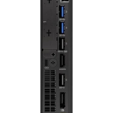 Rear view of refurbished Lenovo ThinkCentre M75q-1 Tiny shows ports (Ethernet, USB, HDMI, DisplayPort) on sleek black chassis. - View 2
