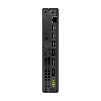 Rear view of a refurbished Lenovo ThinkCentre M75q-1 Tiny desktop computer, highlighting its AMD Ryzen 5 Pro 3400GE 3.3GHz processor, 8GB DDR4 RAM, and 256GB NVMe SSD. The rear panel showcases ports including USB, Ethernet, HDMI, DisplayPort, audio jack, power input, and ventilation slots on a white background. - View 2