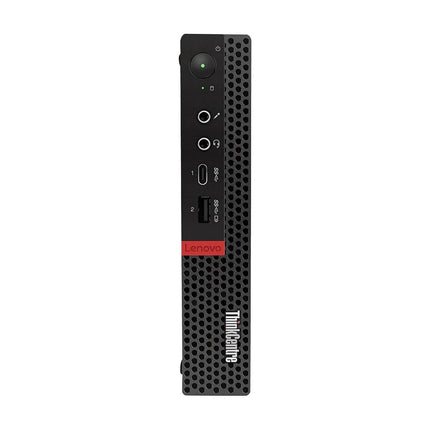 Front view of a refurbished Lenovo ThinkCentre M75q-1 Tiny mini desktop, featuring an AMD Ryzen 5 Pro 3400GE processor, 8GB DDR4 RAM, and 256GB NVMe SSD. The perforated front panel includes the Lenovo logo, power button, audio jacks, and USB ports. - View 1